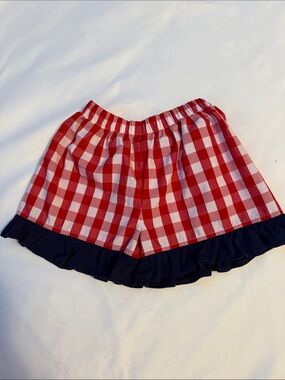 4th of July Little Girl Red and White Gingham Shorts with Navy Ruffle